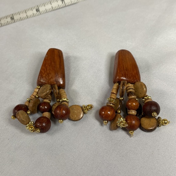 Funky unusual wooden earrings with dangles - Picture 2 of 4